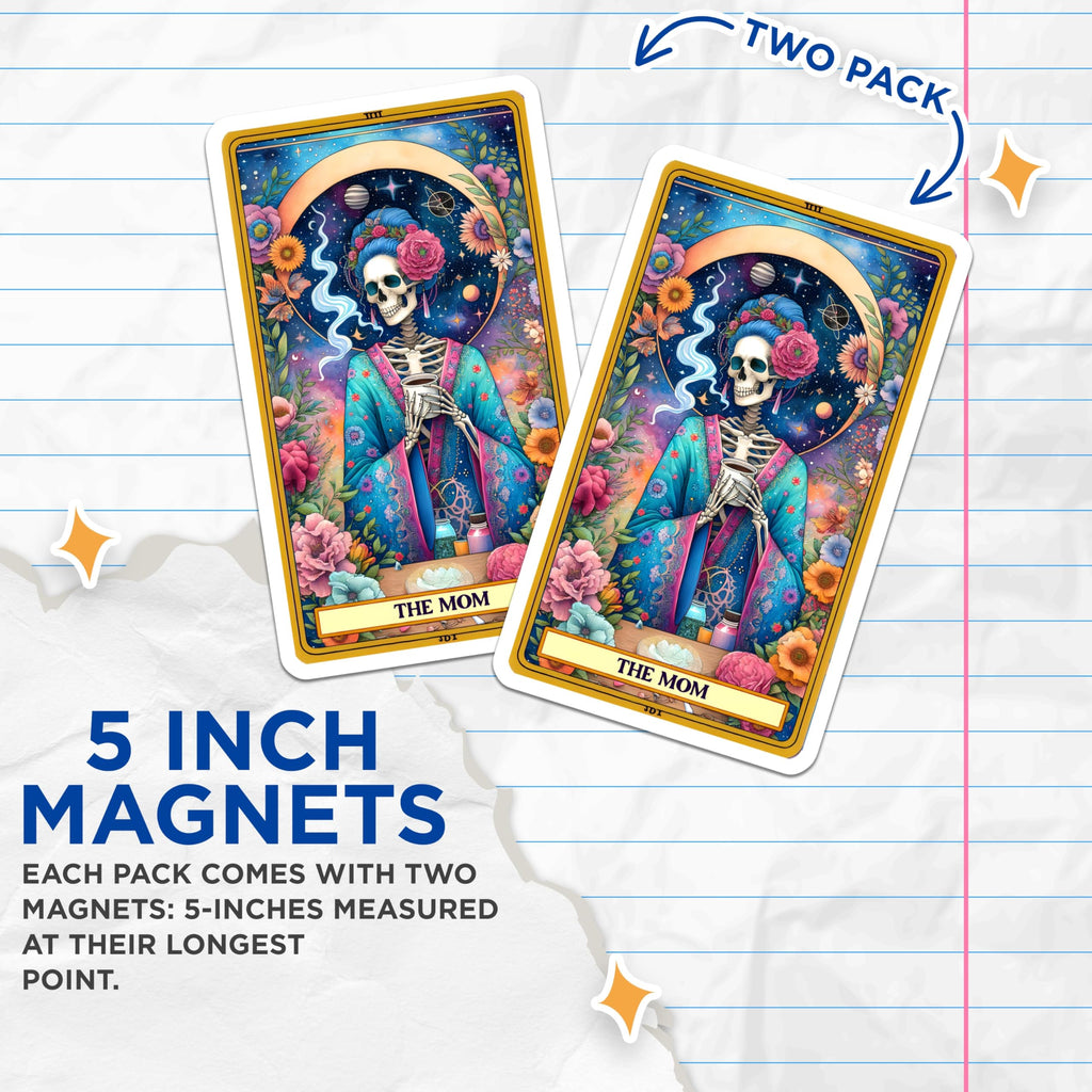 (2 Pack) The Mom Tarot Skeleton Magnets - Celestial Floral Skull Artwork - Mystical Refrigerator Locker Accent Decor - 5 Inches On Longest Side - Thick Durable Magnet - Made in USA - MAG24457