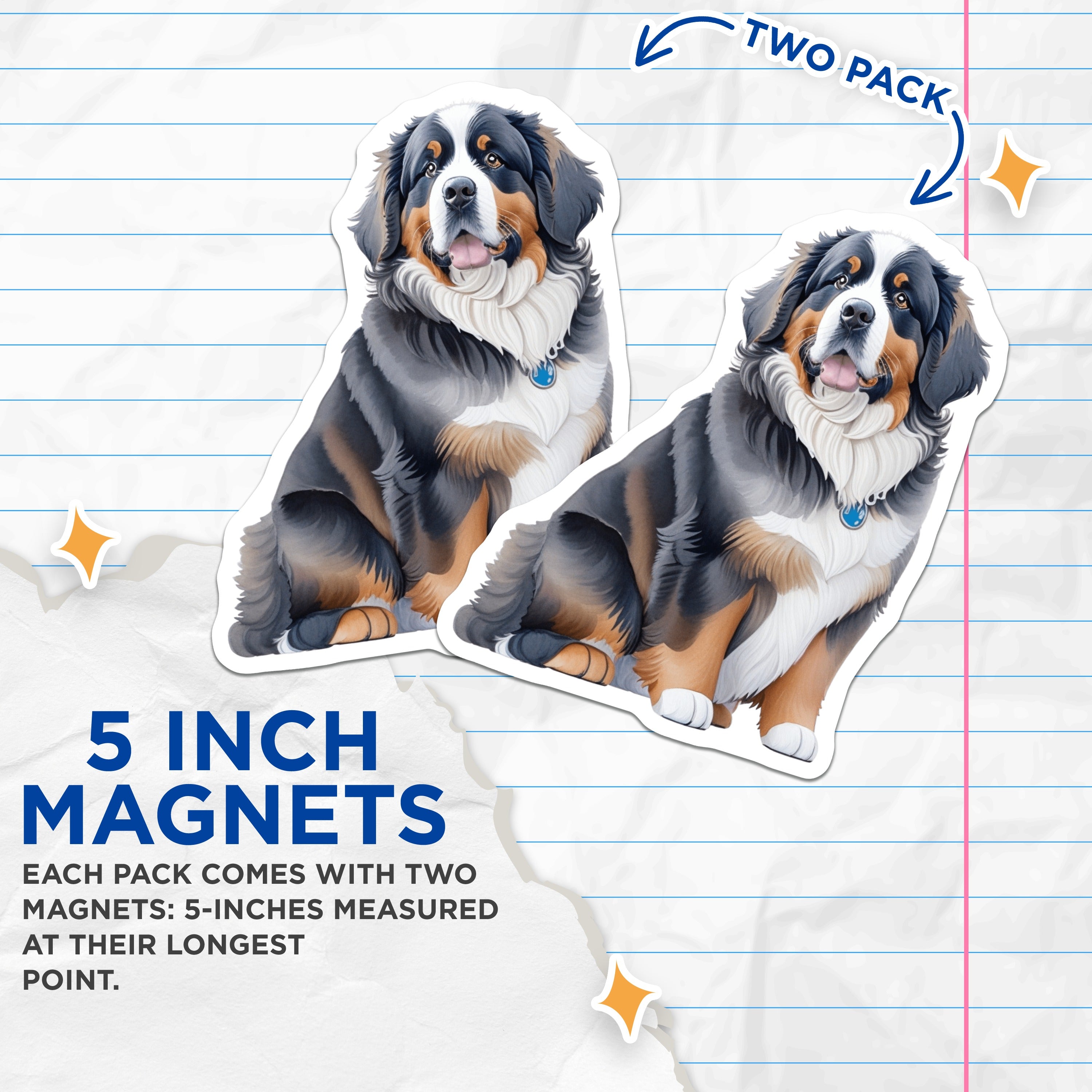 (2 Pack) Bernese Mountain Dog Magnets - Berner Lover Fridge Decor - Cute Dog Art Accessory - 5 Inches On Longest Side - Thick Durable Magnet - Made in USA - MAG38761