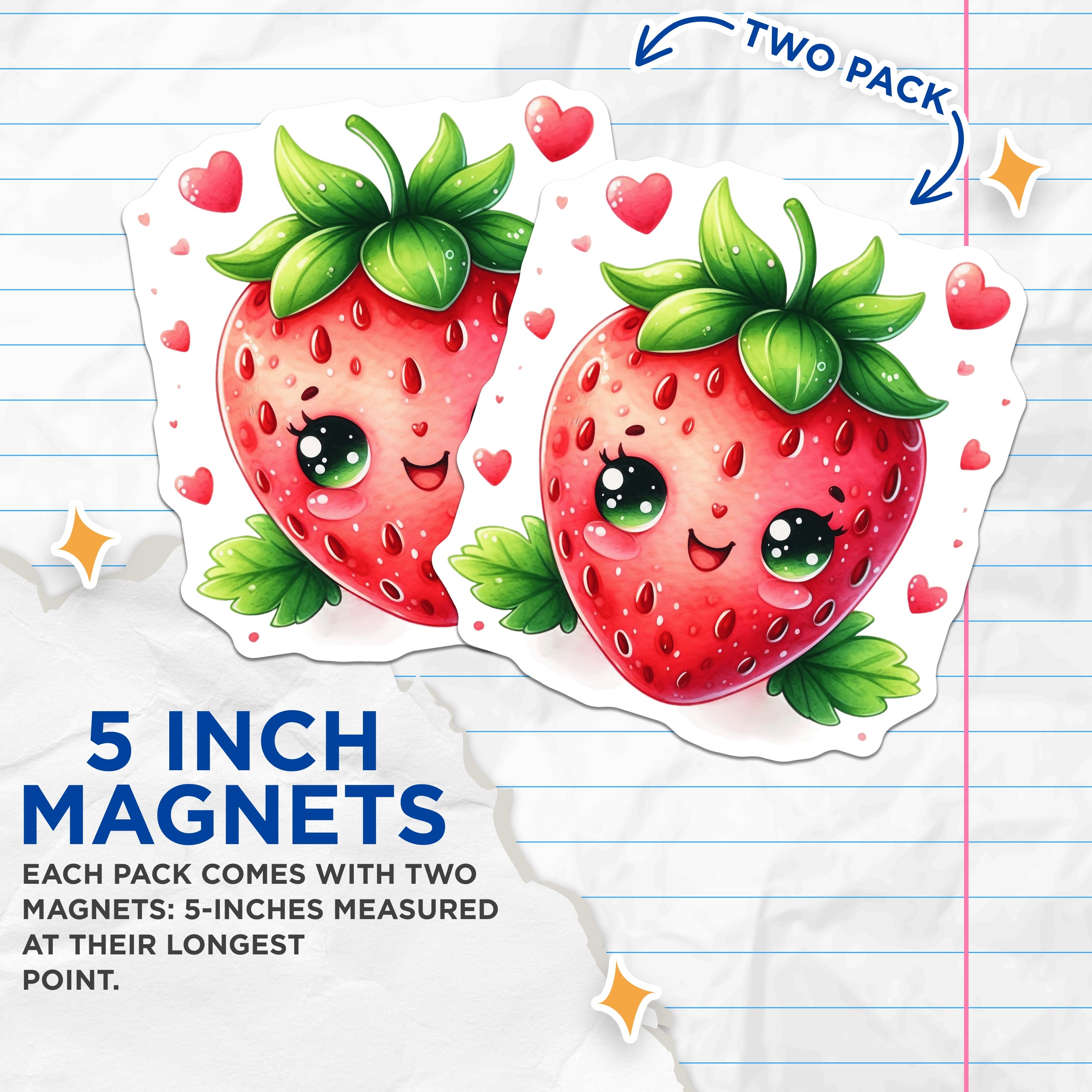 (2 Pack) Kawaii Strawberry Magnets - Cute Fruit Decor - Sweet Fridge Accessories - Valentine's Kitchen Decor - Whimsical Locker Accent - 5" - Durable Magnet - Made in USA - MAG37066