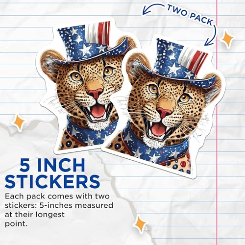 (2 Pack) Patriotic Leopard Stickers - Fourth of July Celebration - Animal Lover Decals - 5" On Longest Side - Sticks to Smooth Flat Surfaces - Made in USA - BMCS8826