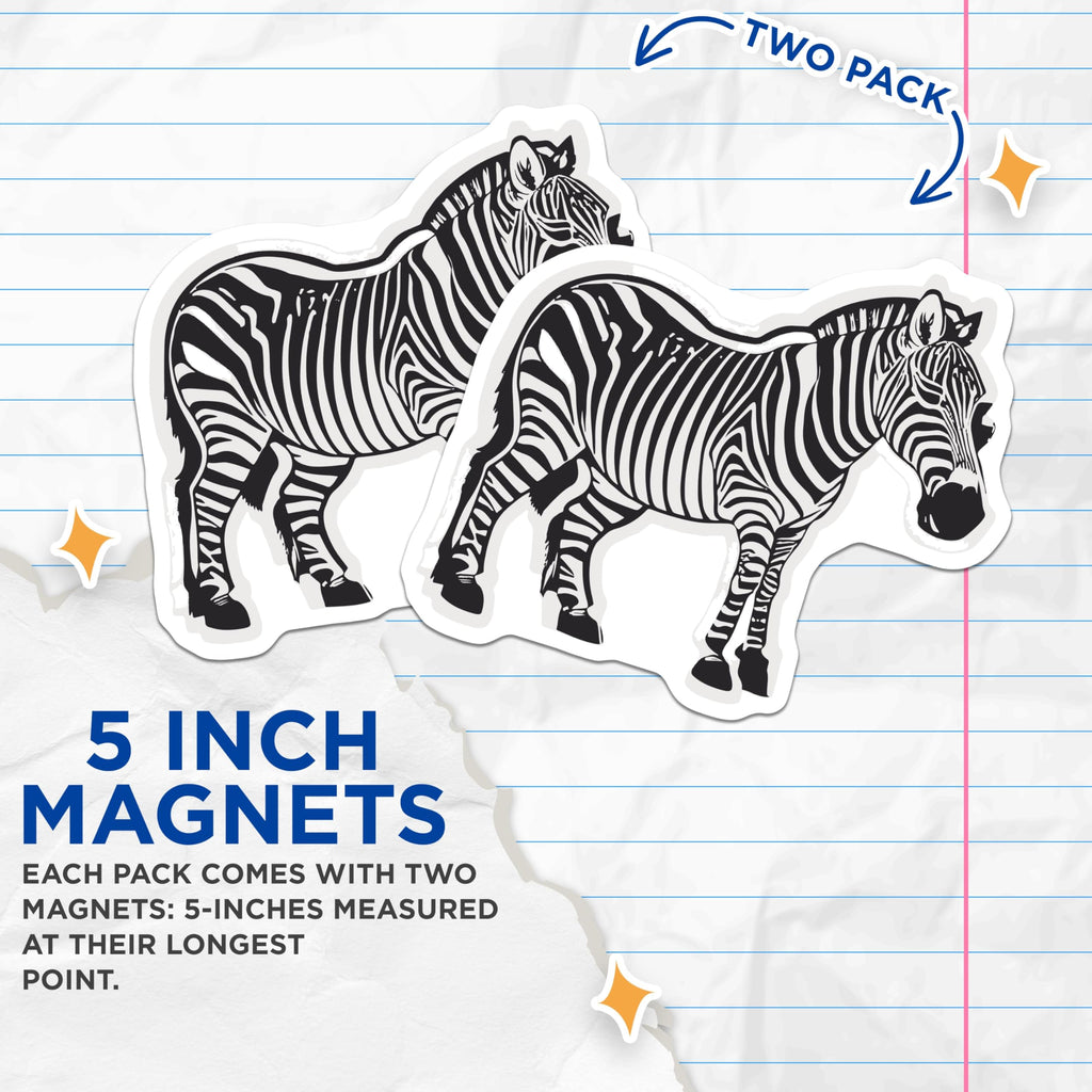 (2 Pack) Zebra Magnets - Safari Animal Decor - Black White Wildlife Art - 5 Inches On Longest Side - Thick Durable Magnet - Made in USA - MAG22044