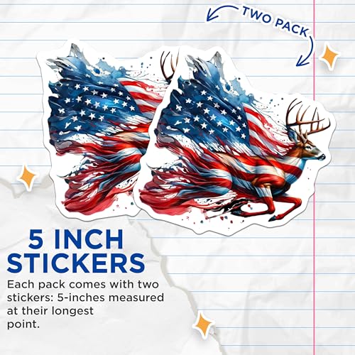 (2 Pack) Patriotic Deer Flag Stickers - American Flag Deer - USA Pride Wildlife Stickers - 5" On Longest Side - Sticks to Smooth Flat Surfaces - Made in USA - BMCS6017