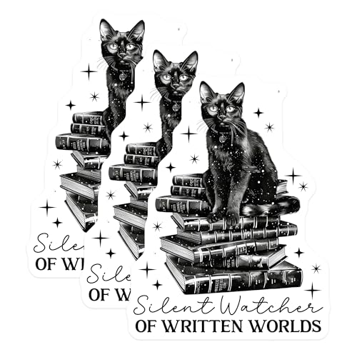 (3 Pack) Black Cat Decals - Stack of Books Sticker - Gothic Laptop Decals - 3 Inches On Longest Side - Easy Peel & Apply - Made in USA - 3MCS2340
