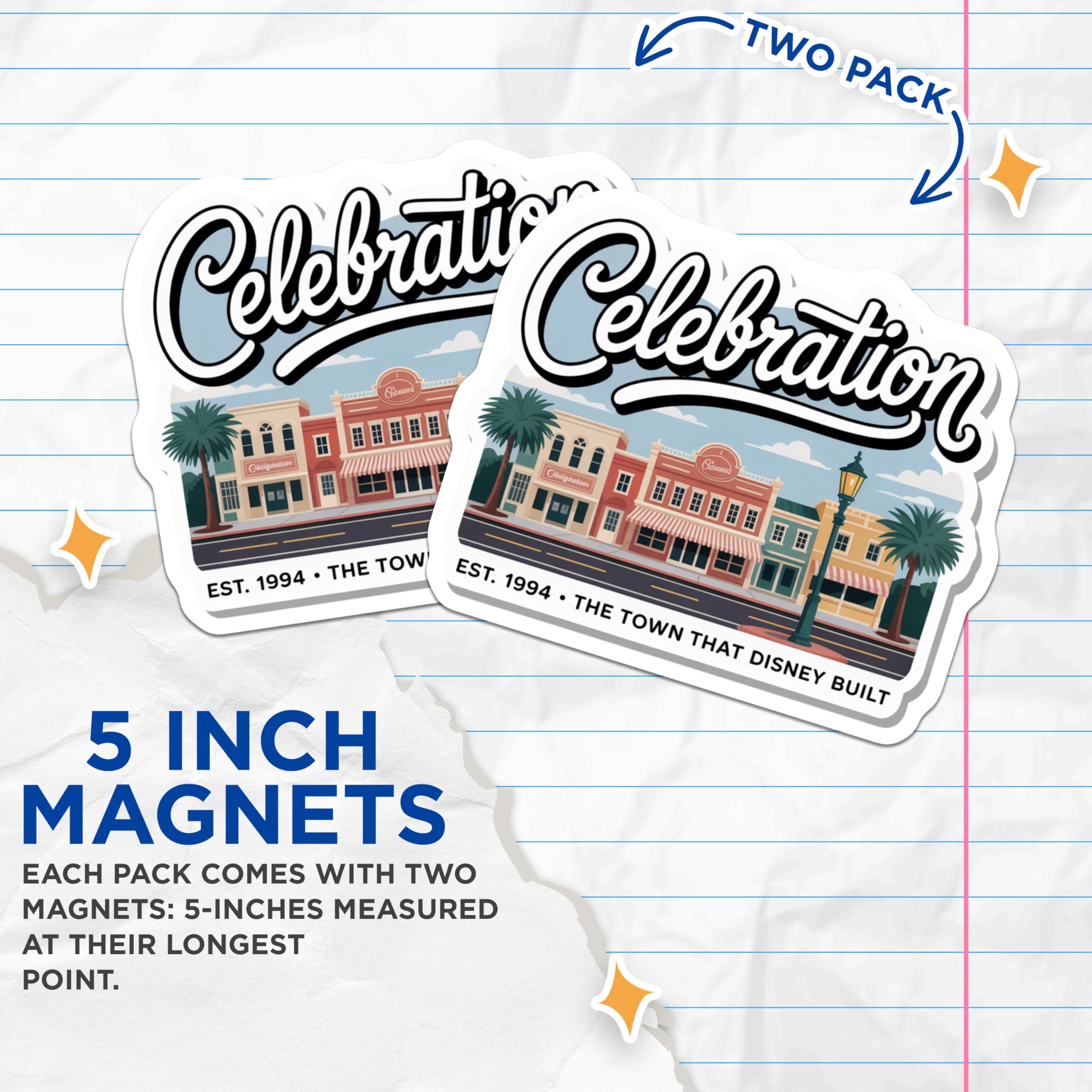 (2 Pack) Celebration Florida Magnets - Retro Town Built by Disney - Vacation Home Decor - 5" On Longest Side - Premium Magnet - for Cars, Refrigerators, Toolboxes, Lockers - Made in USA - MAG17659