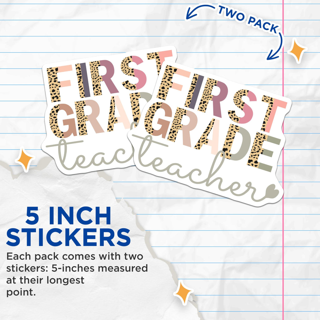 (2 Pack) First Grade Teacher Stickers - Leopard Print Teacher Decal - Classroom Decor - 5" On Longest Side - Sticks to Smooth Flat Surfaces - Made in USA - BMCS8802