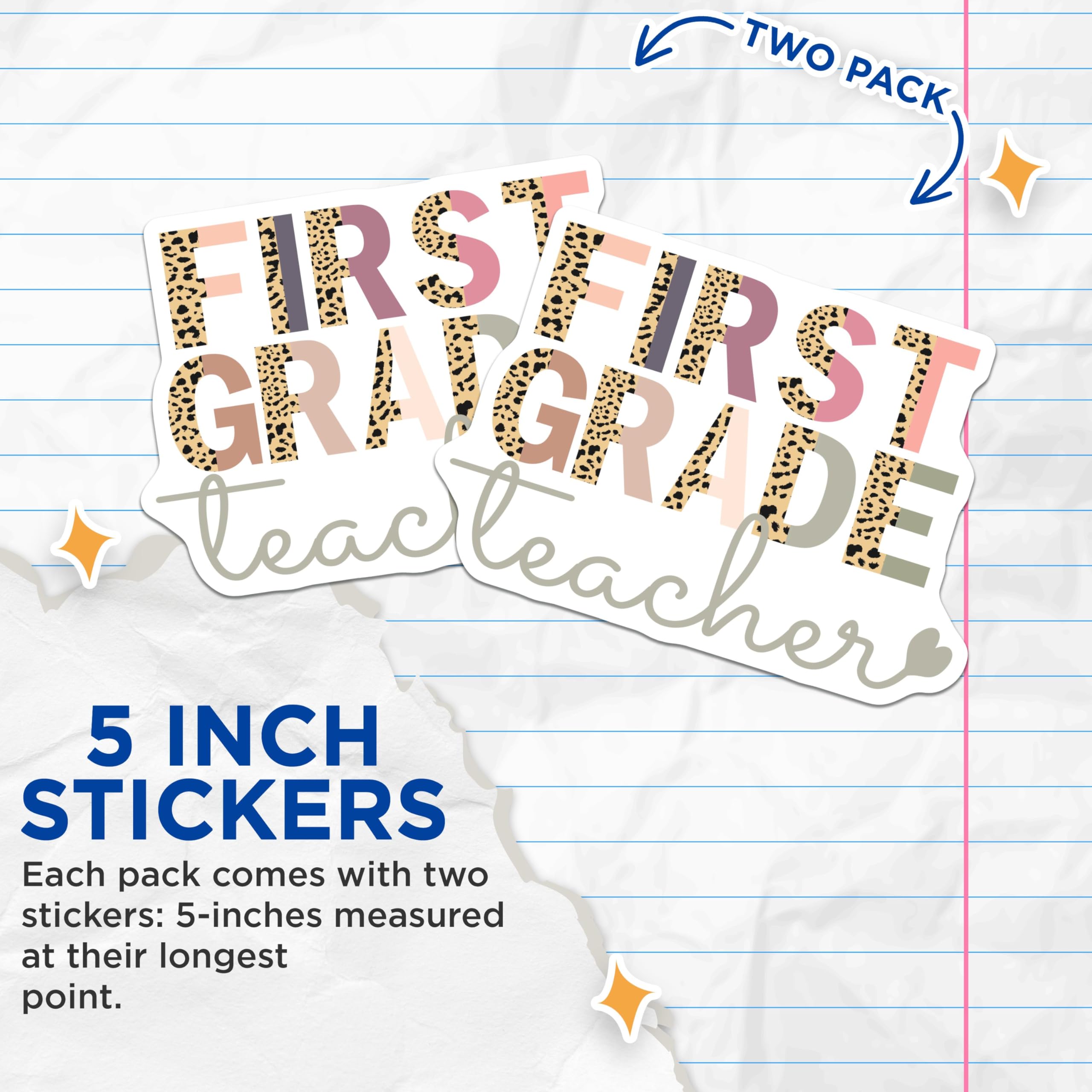 (2 Pack) First Grade Teacher Stickers - Leopard Print Teacher Decal - Classroom Decor - 5" On Longest Side - Sticks to Smooth Flat Surfaces - Made in USA - BMCS8802