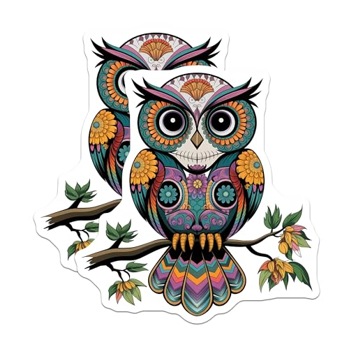 (2 Pack) Owl Mandala Animal Stickers - Colorful Decorative Nature Stickers - Bohemian Art Sticker Pack - 5" On Longest Side - Sticks to Smooth Flat Surfaces - Made in USA - BMCS9465