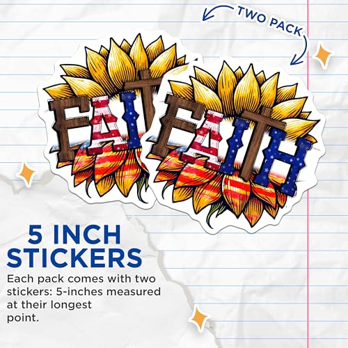 (2 Pack) Faith Stickers - Sunflower Art - Inspirational - 5" On Longest Side - Sticks to Smooth Flat Surfaces - Made in USA - BMCS7877