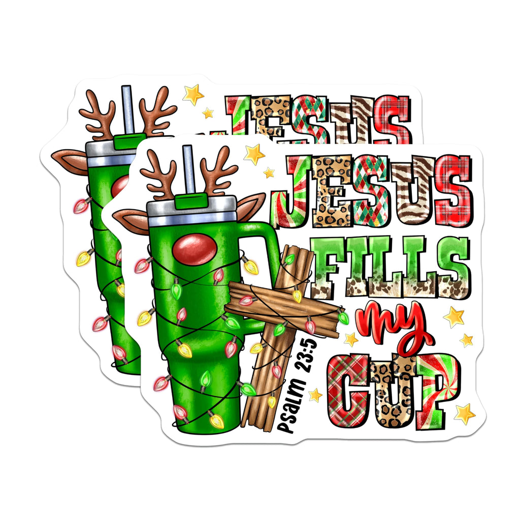 (2 Pack) Jesus Fills My Cup Magnets - Christian Christmas Decor - Holiday Reindeer Design - 5 Inches On Longest Side - Thick Durable Magnet - Made in USA - MAG25076
