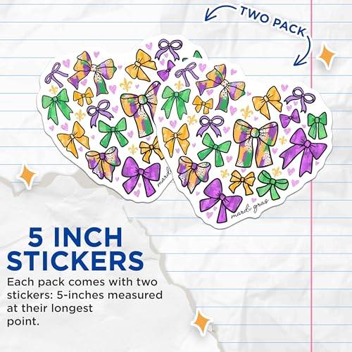 (2 Pack) Mardi Gras Bow Stickers - Heart Shape Sticker - Carnival Celebration - 5" On Longest Side - Sticks to Smooth Flat Surfaces - Made in USA - BMCS6384