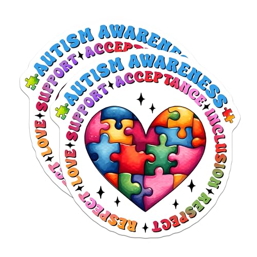 (2 Pack) Autism Awareness Stickers - Accept Love Support Stickers - Inclusion Respect Stickers - 5" On Longest Side - Sticks to Any Smooth Flat Surface - Made in USA - BMCS3203