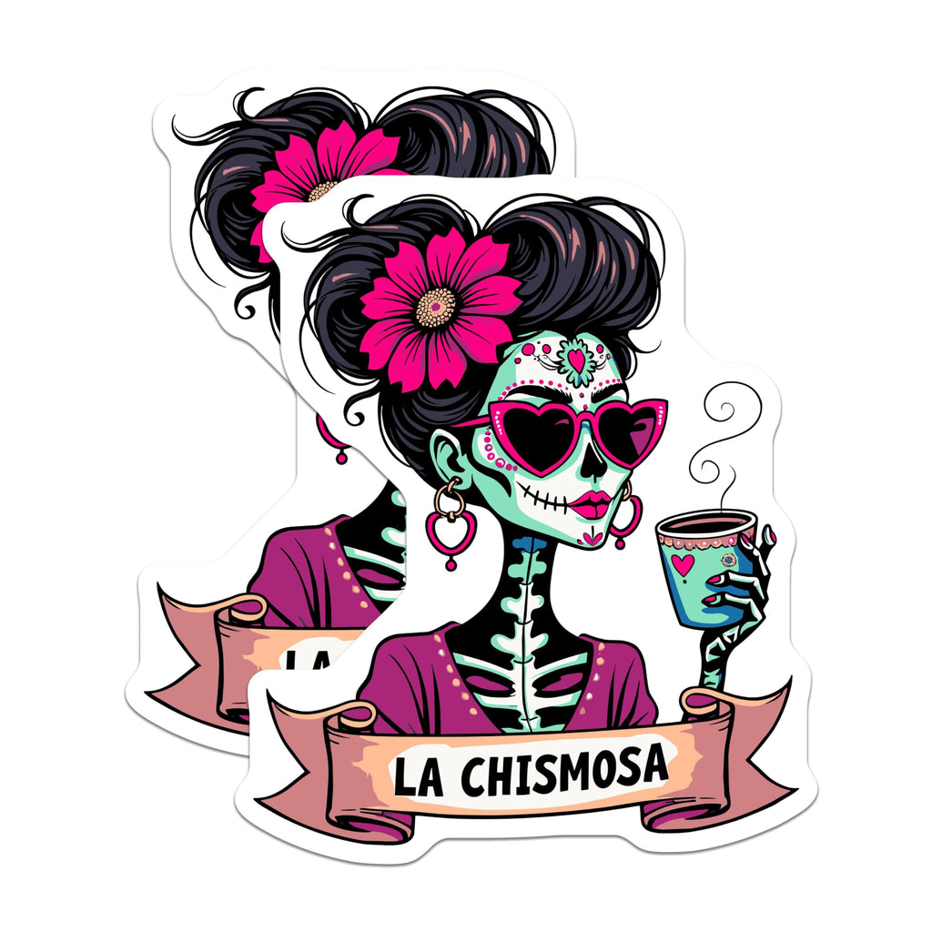 (2 Pack) La Chismosa Day of The Dead Stickers - Sugar Skull Girl - Dia de Los Muertos Art Mexican Culture - 5" On Longest Side - Sticks to Smooth Flat Surfaces - Made in USA - BMCS5606