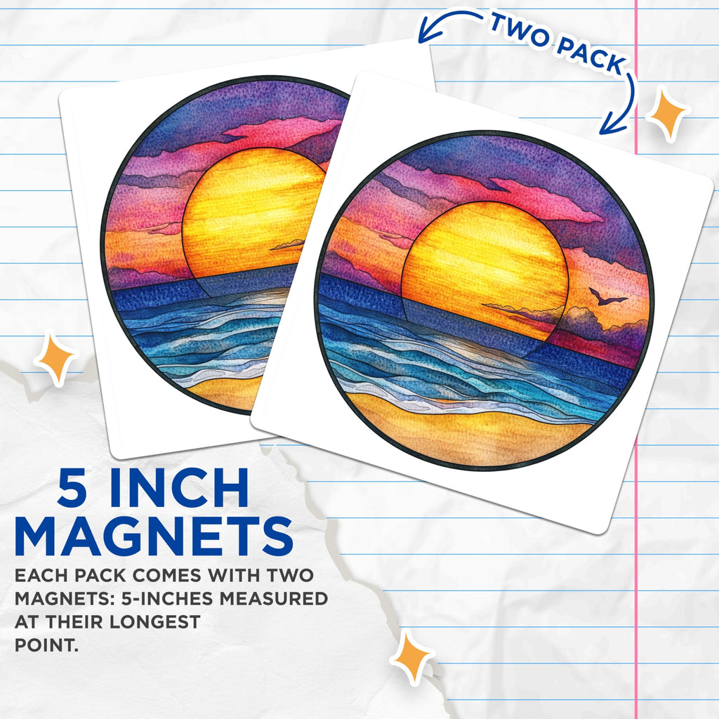 (2 Pack) Vibrant Sunset Beach Magnets - Watercolor Ocean Waves Art - Peaceful Coastal Decor - 5 Inches On Longest Side - Thick Durable Magnet - Made in USA - MAG24276