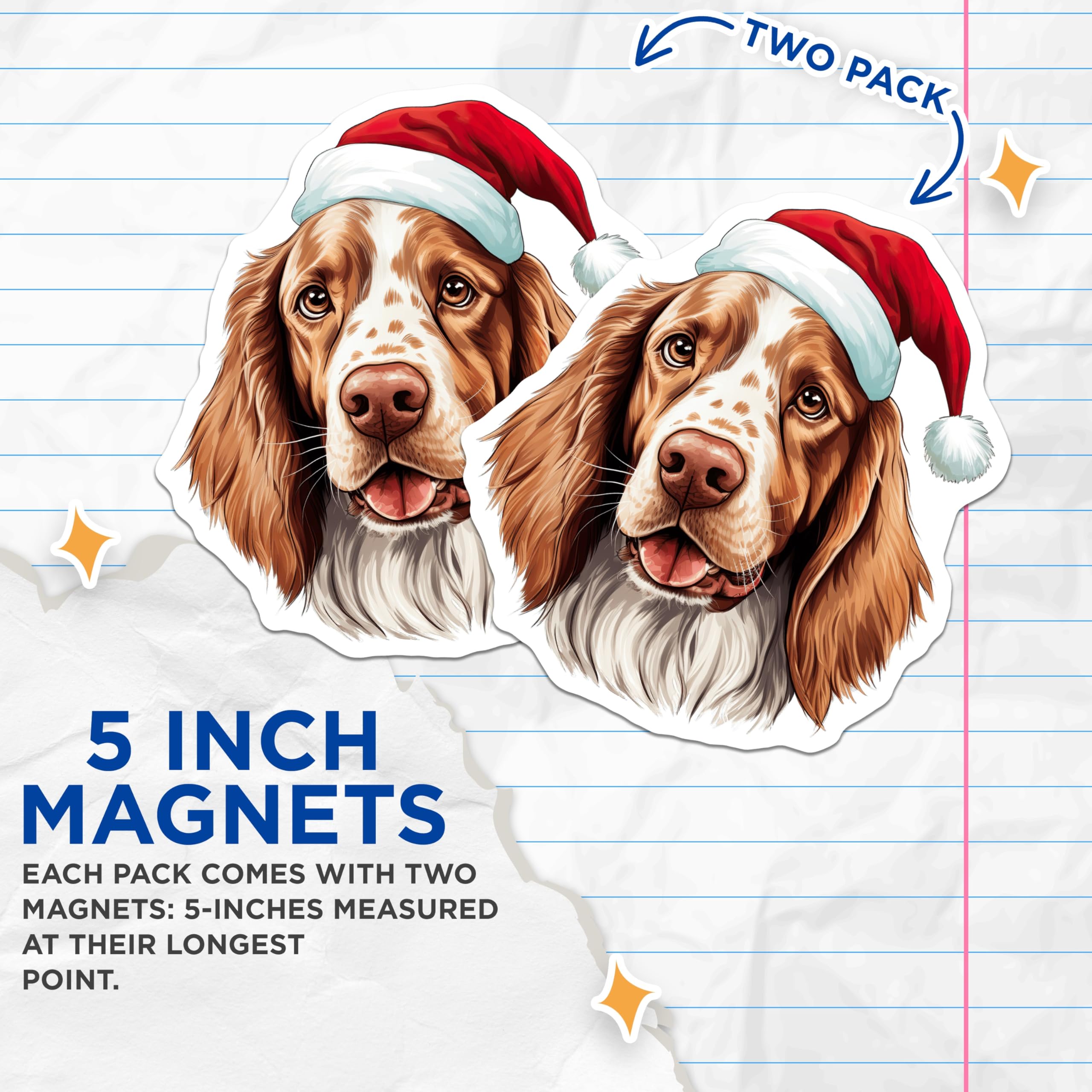 (2 Pack) Christmas Dog Magnets - Santa Hat Spaniel - Holiday Pet Refrigerator Decor - 5 Inches On Longest Side - Thick Durable Magnet - Made in USA - MAG28746