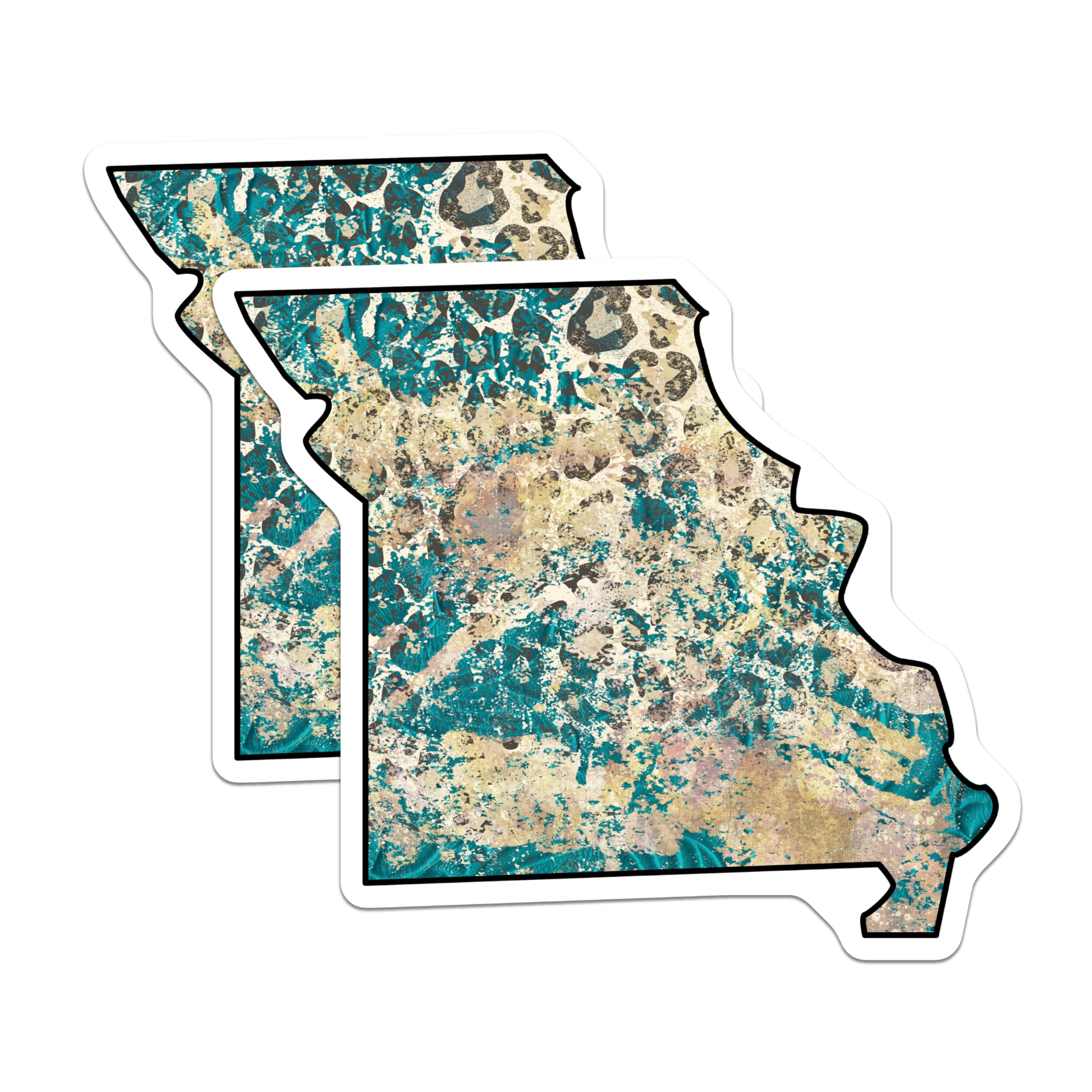 (2 Pack) Missouri State Outline Magnets - Teal Leopard Print Home Decor Accent - Distressed Abstract Map Souvenir Collectible - 5 Inches On Longest Side - Thick Durable Magnet - Made in USA - MAG19373