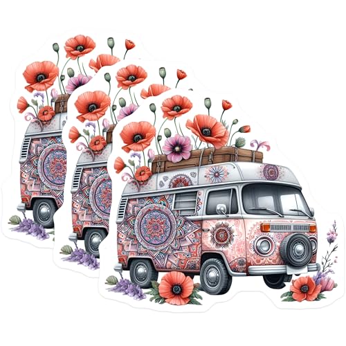 (3 Pack) Hippie Van Decals - Mandala Art - Flower Power Decals - 3 Inches On Longest Side - Easy Peel & Apply - Made in USA - 3MCS7643