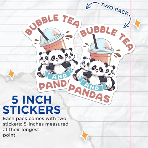 (2 Pack) Bubble Tea and Pandas Stickers - Cute Panda - Kawaii Animal for Laptop and Water Bottle - 5" On Longest Side - Sticks to Smooth Flat Surfaces - Made in USA - BMCS7754
