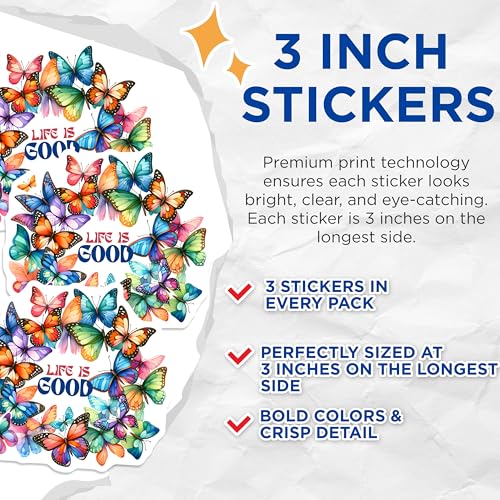 (3 Pack) Butterfly Decals - Life is Good Decal - Colorful Butterflies Decals - 3 Inches On Longest Side - Easy Peel & Apply - Made in USA - 3MCS0069