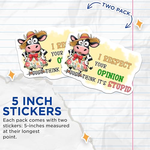 (2 Pack) Funny Cow Opinion Stickers - I Respect Your Opinion Humor - Playful Animal Sticker - Humorous Statement Decal - 5" On Longest Side - Sticks to Smooth Flat Surfaces - Made in USA - BMCS9713
