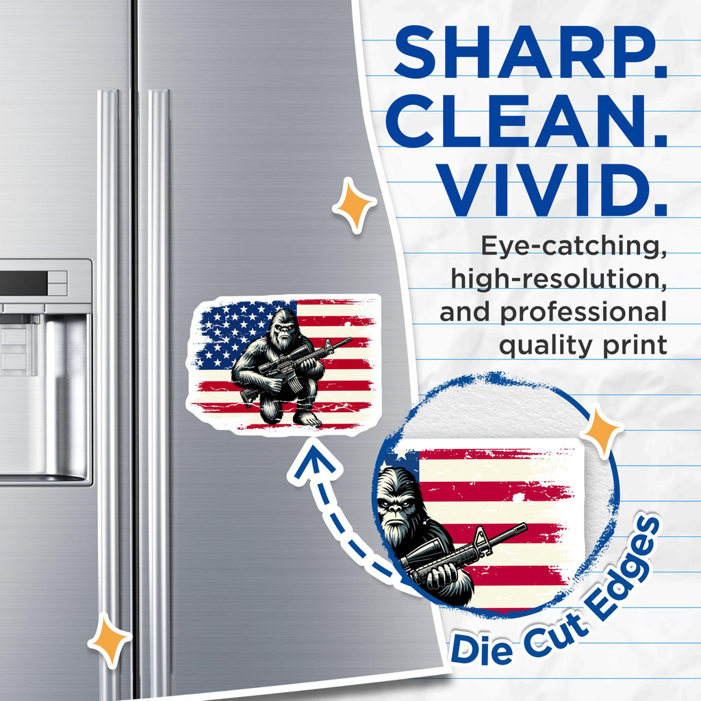 (2 Pack) Patriotic Bigfoot Magnets - American Flag Rifleman - Sasquatch Cryptid Decor - 5 Inches On Longest Side - Thick Durable Magnet - Made in USA - MAG22889