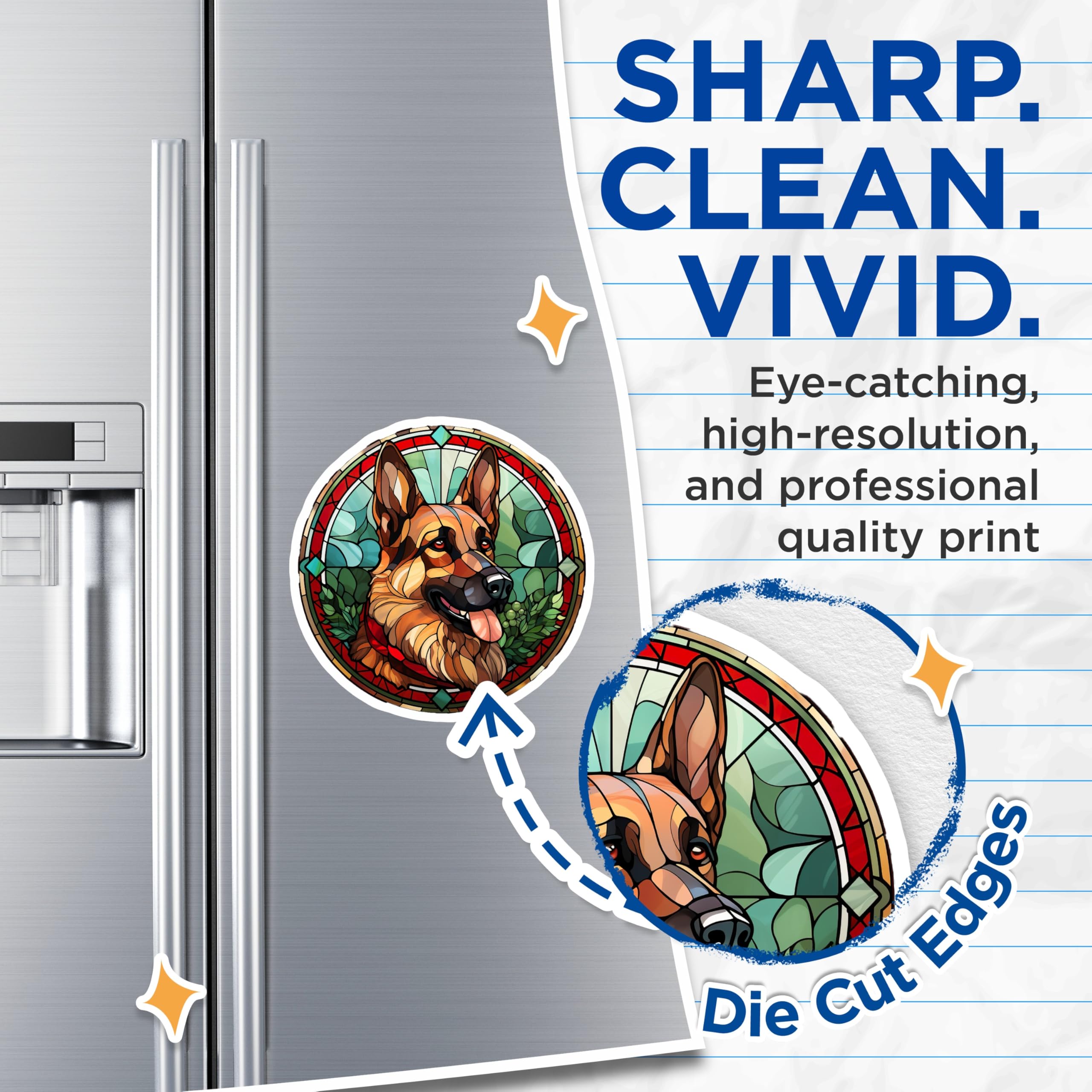 (2 Pack) German Shepherd Magnets - Stained Glass Dog Art - Dog Lover Refrigerator Decor - 5 Inches On Longest Side - Thick Durable Magnet - Made in USA - MAG25624