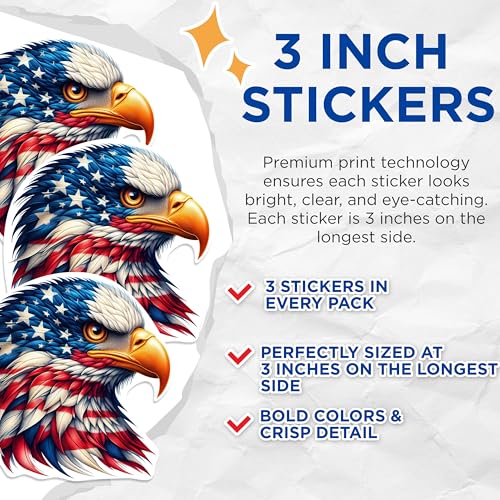 (3 Pack) American Eagle Decals - Patriotic Decor - USA Pride Decal - 3 Inches On Longest Side - Easy Peel & Apply - Made in USA - 3MCS0991