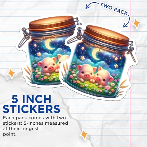 (2 Pack) Cute Pig Stickers - Night Scene Piglet Decal - Animal Lovers Sticker - 5" On Longest Side - Sticks to Smooth Flat Surfaces - Made in USA - BMCS9360