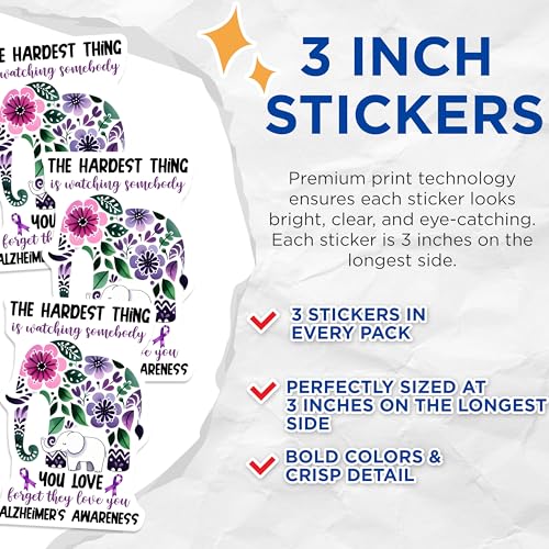 (3 Pack) Alzheimer's Awareness Decals - Elephant Decal - Floral Decal - 3 Inches On Longest Side - Easy Peel & Apply - Made in USA - 3MCS8543