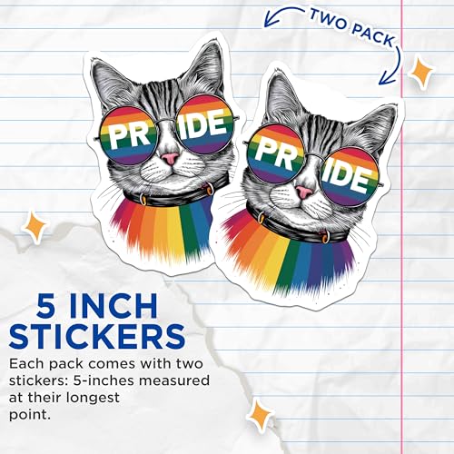 (2 Pack) Pride Cat Stickers - Rainbow Sunglasses Cat - LGBTQ+ Pride Decal - 5" On Longest Side - Sticks to Smooth Flat Surfaces - Made in USA - BMCS9550