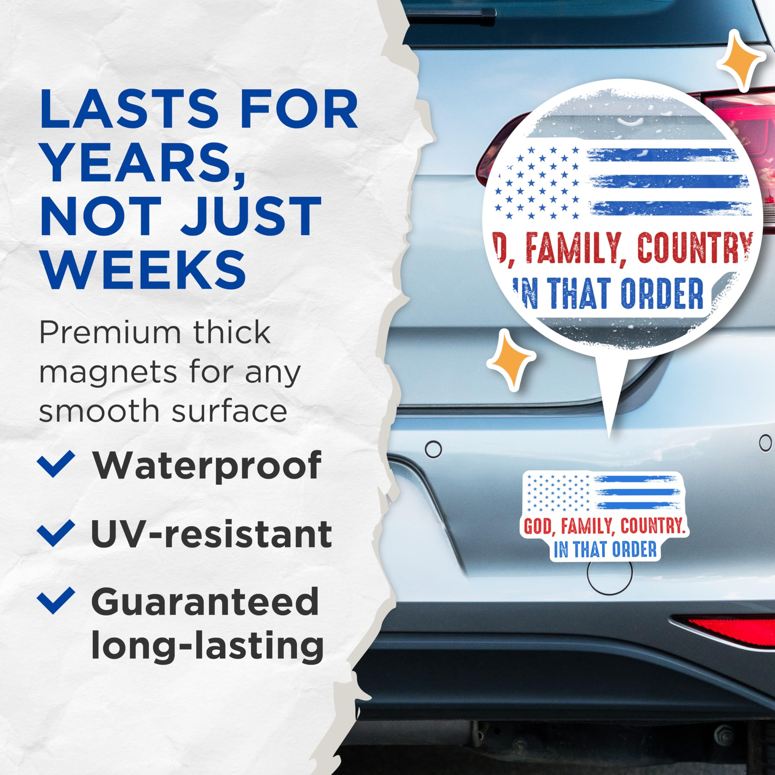 (2 Pack) Patriotic American Flag Magnets - God Family Country in that Order - USA Values Freedom Decor - 5 Inches On Longest Side - Thick Durable Magnet - Made in USA - MAG24811