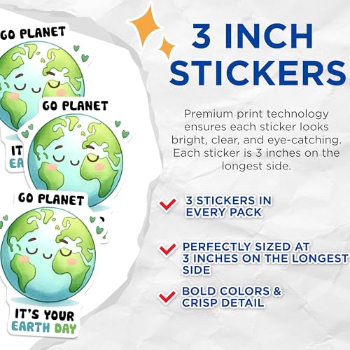 (3 Pack) Earth Day Decals - Go Planet Sticker - Cute Earth Decal - 3 Inches On Longest Side - Easy Peel & Apply - Made in USA - 3MCS8514