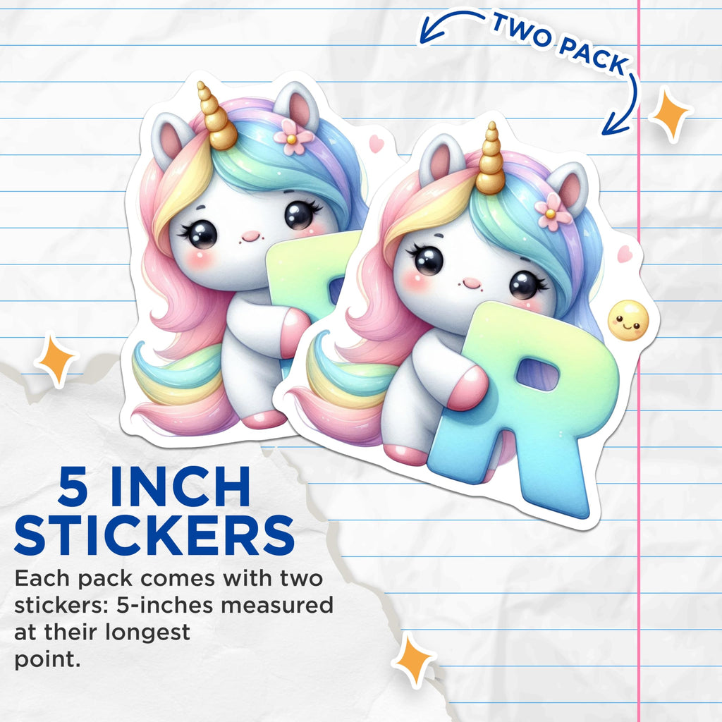 (2 Pack) Unicorn Letter R Stickers - Rainbow Unicorn Initial - Cute Alphabet Sticker- 5" On Longest Side - Sticks to Smooth Flat Surfaces - Made in USA - BMCS16165