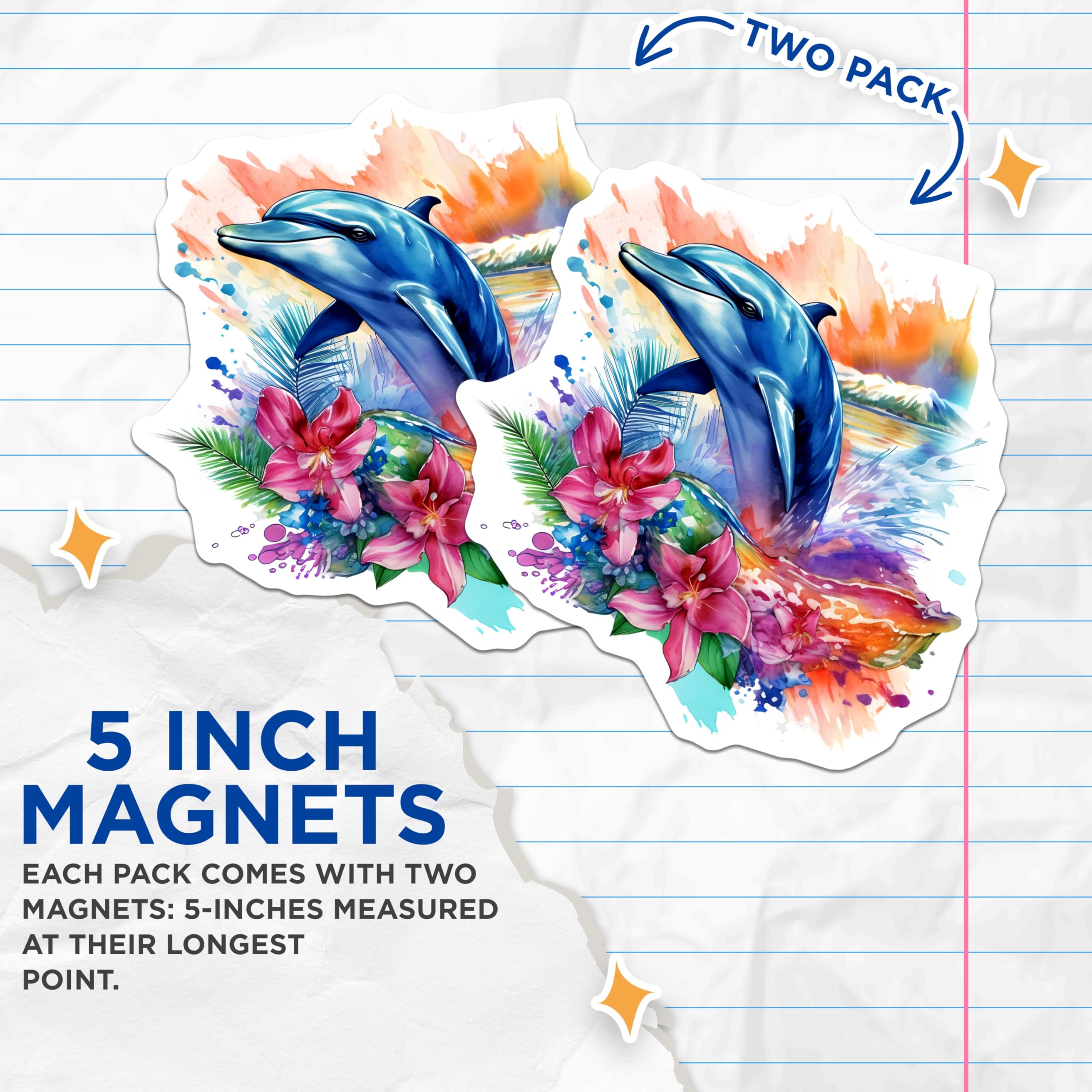 (2 Pack) Watercolor Dolphin Magnets - Tropical Ocean Life Art - Vibrant Marine Creature Decor - Aesthetic Beach Vibes - 5 Inches On Longest Side - Thick Durable Magnet - Made in USA - MAG21672