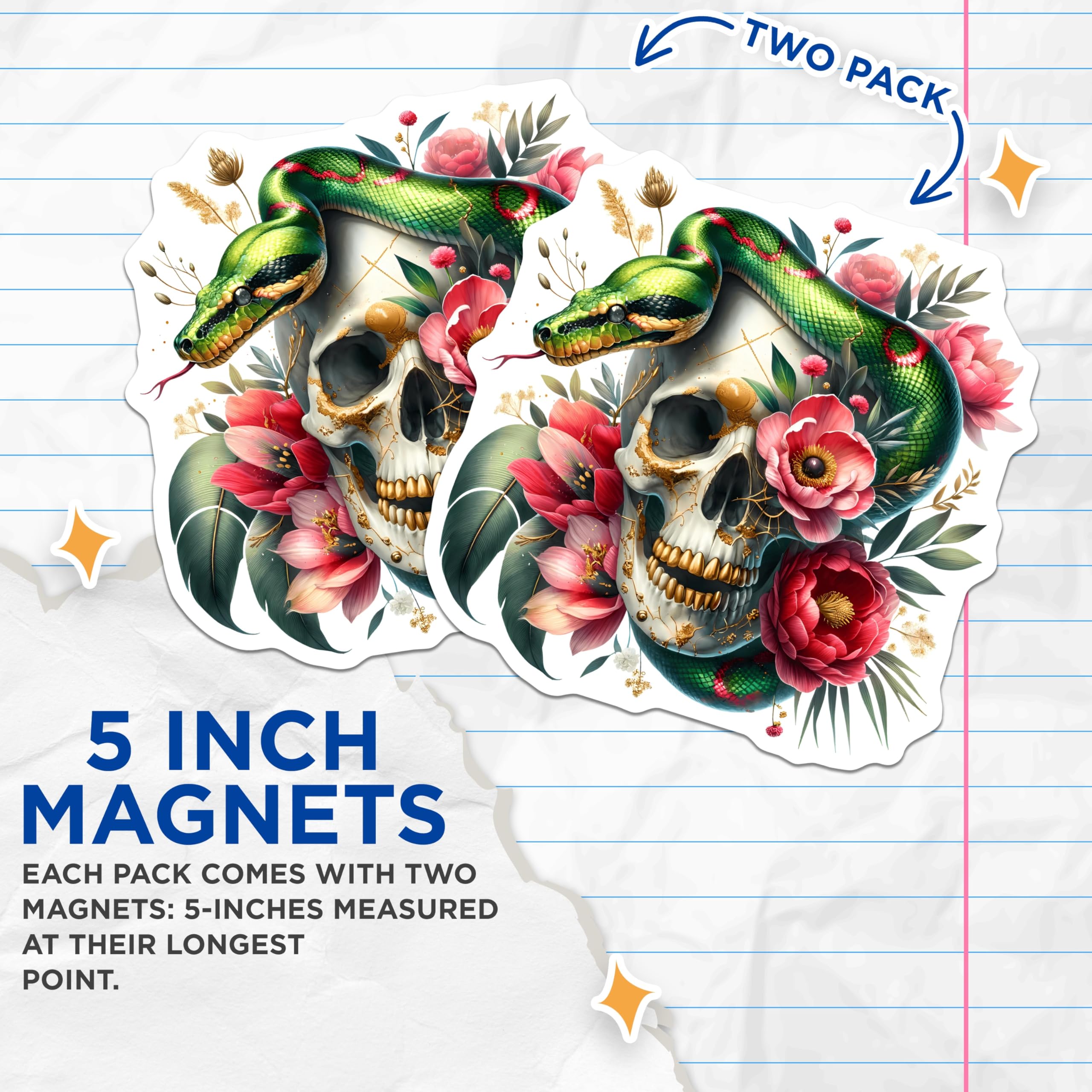 (2 Pack) Ornate Floral Skull Magnets - Green Snake Design - Macabre Botanical Kitchen Decor - Dark Academia Aesthetic - 5 Inches On Longest Side - Thick Durable Magnet - Made in USA - MAG20344