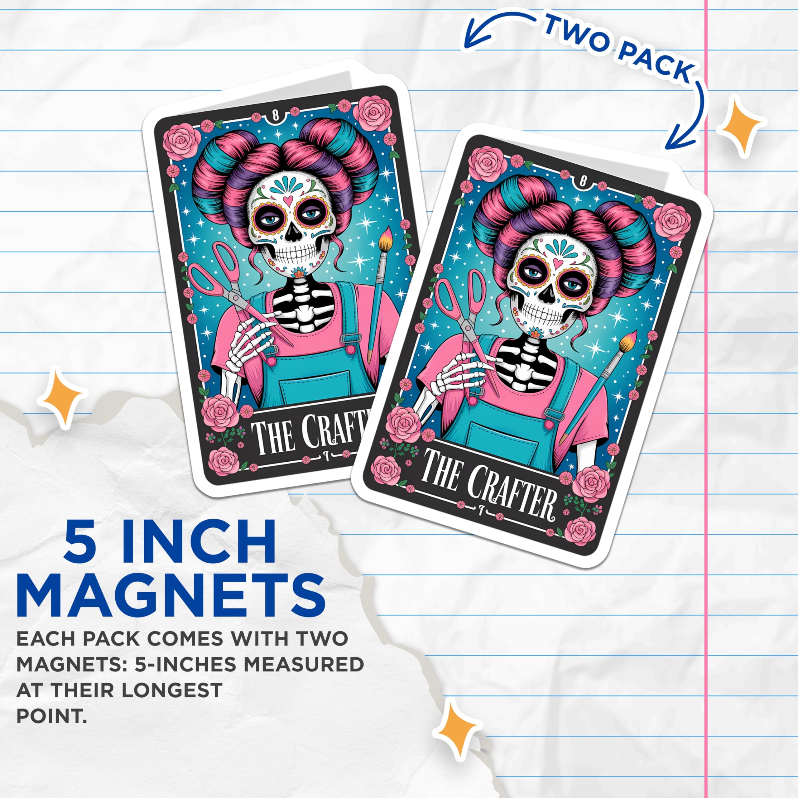 (2 Pack) Crafter Sugar Skull Magnets - Artist Sewing Painting - Day of the Dead Decor - 5 Inches On Longest Side - Thick Durable Magnet - Made in USA - MAG22580