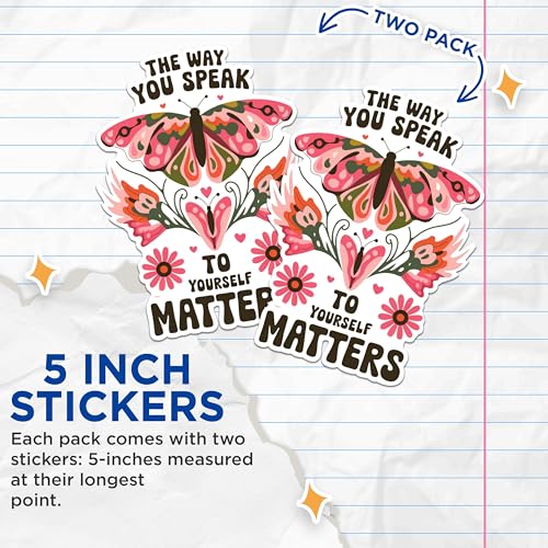 (2 Pack) Inspirational Quotes Stickers - Motivational Butterfly Stickers - Colorful Floral Stickers - 5" On Longest Side - Sticks to Any Smooth Flat Surface - Made in USA - BMCS2575