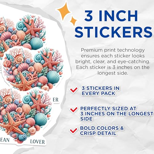 (3 Pack) Seashell Decals - Ocean Lover - Starfish Decals - 3 Inches On Longest Side - Easy Peel & Apply - Made in USA - 3MCS8053