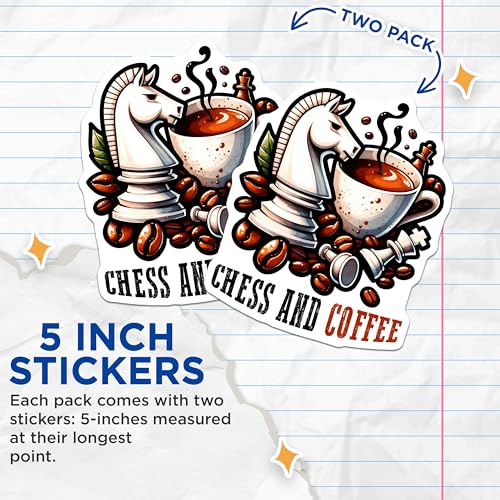 (2 Pack) Chess Coffee Stickers - Strategy Game Stickers - Gamer and Coffee Lover Stickers - 5" On Longest Side - Sticks to Any Smooth Flat Surface - Made in USA - BMCS3194