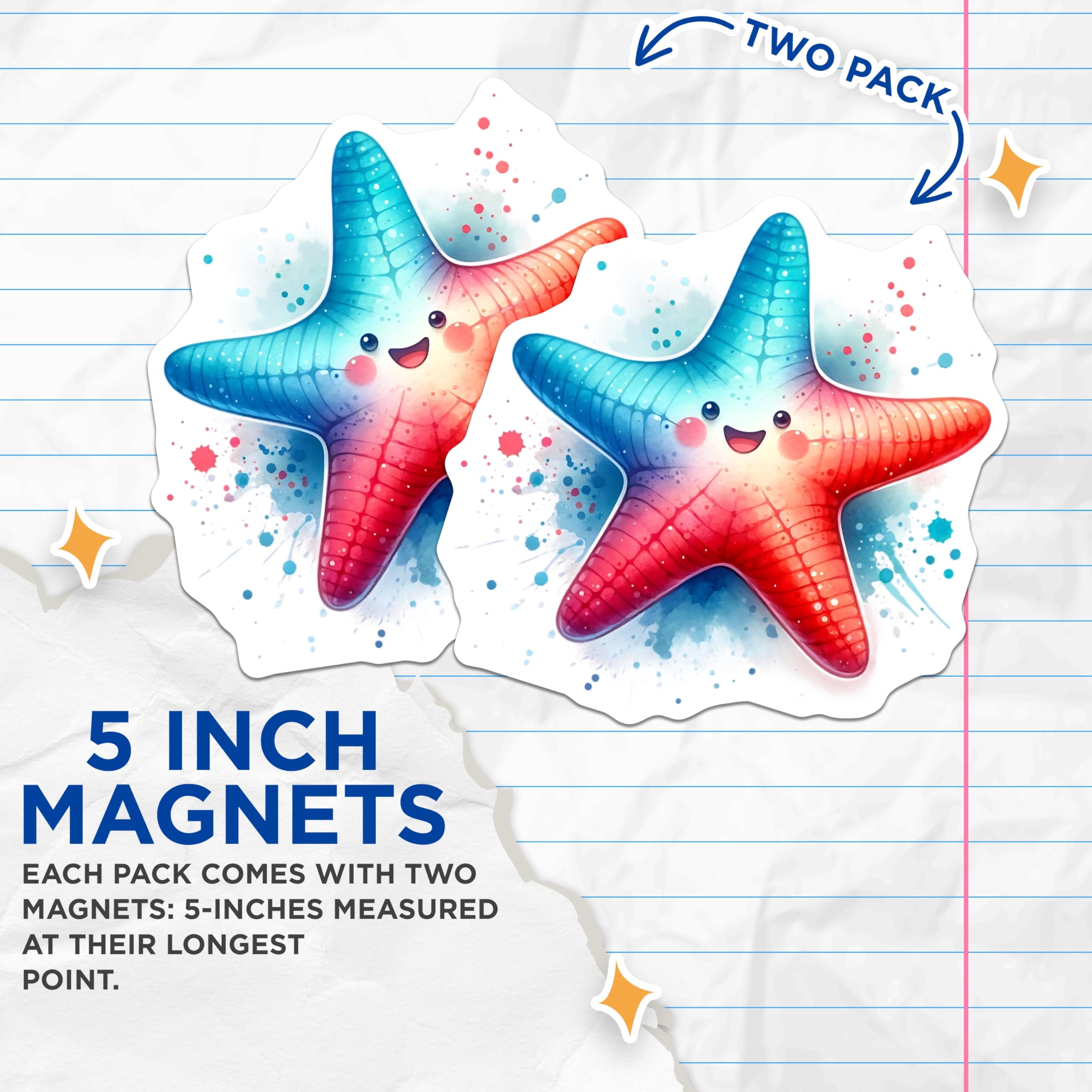 (2 Pack) Starfish Magnets - Cute Smiling Starfish - Fridge Decor Refrigerator Magnets - 5" On Longest Side - Premium Magnet - for Cars, Refrigerators, Toolboxes, Lockers - Made in USA - MAG14195