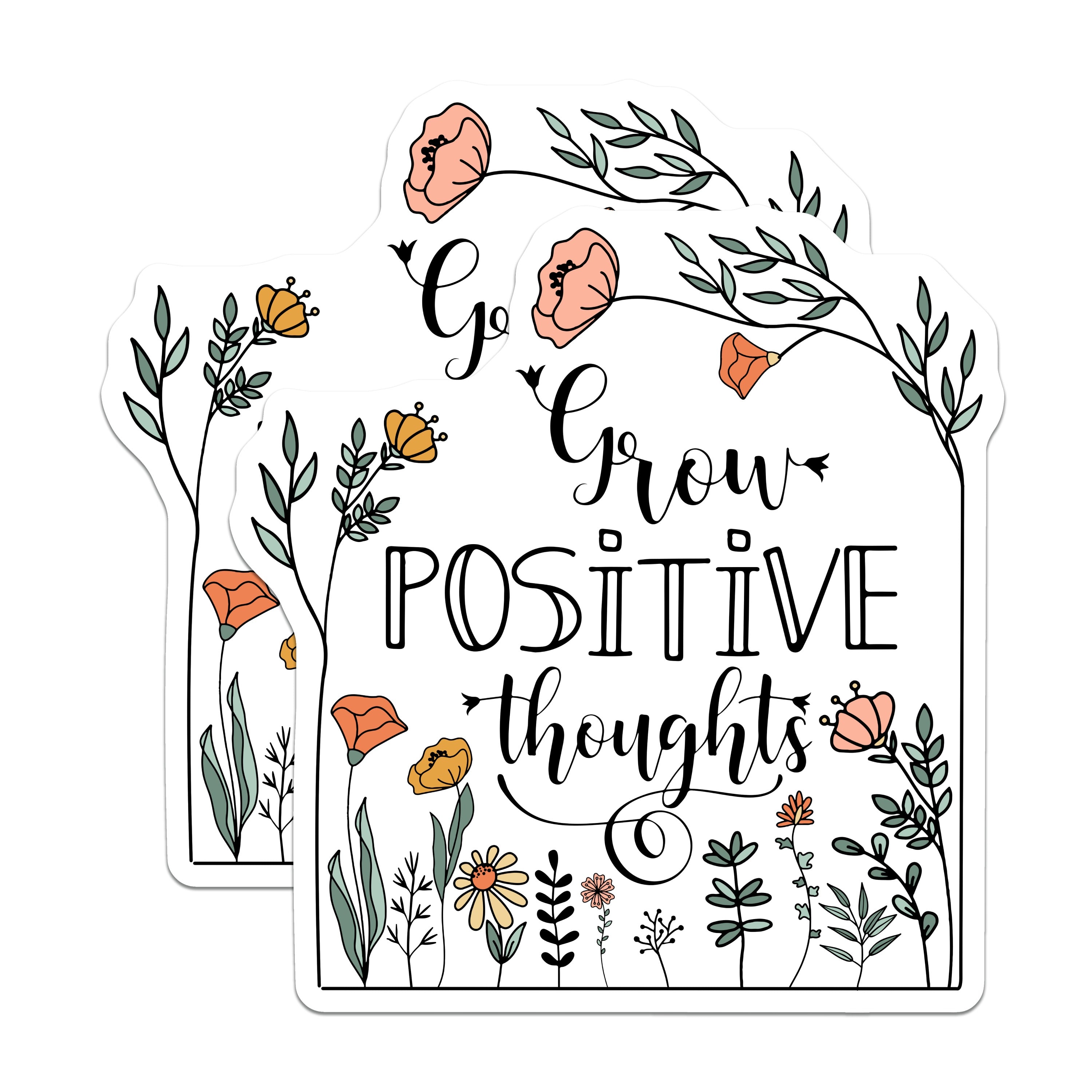 (2 Pack) Grow Positive Thoughts Magnets - Floral Affirmation Decor - Nature Inspired Gift Idea - 5 Inches On Longest Side - Thick Durable Magnet - Made in USA - MAG36827