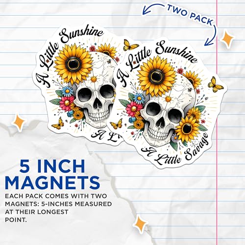 (2 Pack) Little Sunshine Little Savage Magnets - Sunflower Skull Decor - 5" On Longest Side - for Cars, Fridges, Toolboxes - Made in USA - MAG7381