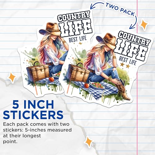 (2 Pack) Country Life Stickers - Best Life - Picnic Scene with Cowgirl and Basket - 5" On Longest Side - Sticks to Smooth Flat Surfaces - Made in USA - BMCS6622