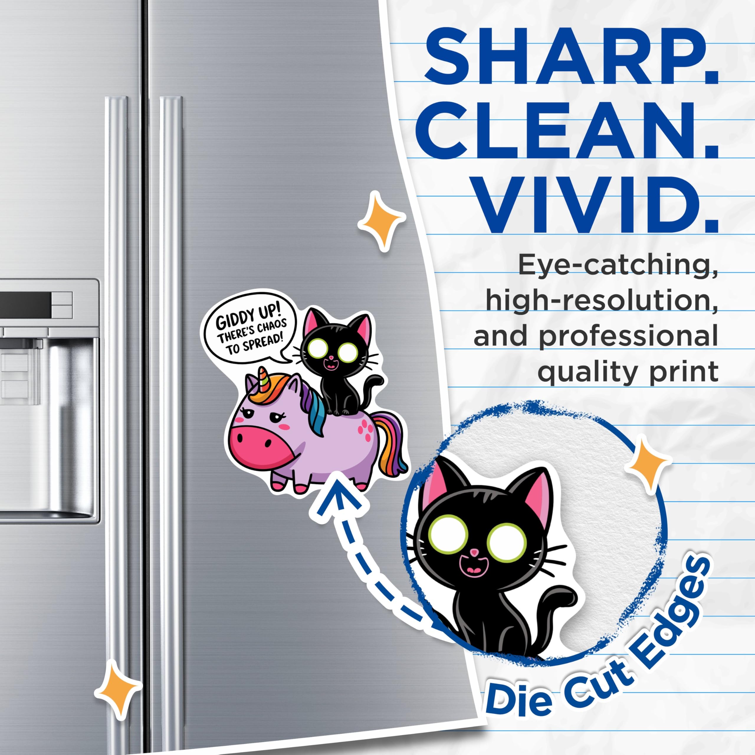 (2 Pack) Giddy Up! There's Chaos to Spread! Funny Cat Riding Unicorn Magnets - 5 Inches On Longest Side - Premium Magnet - for Cars, Refrigerators, Toolboxes - Made in USA - MAG2102