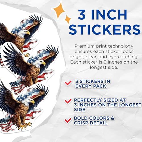 (3 Pack) American Eagle Decals - Patriotic Laptop - USA Flag Stickers - 3 Inches On Longest Side - Easy Peel & Apply - Made in USA - 3MCS1105
