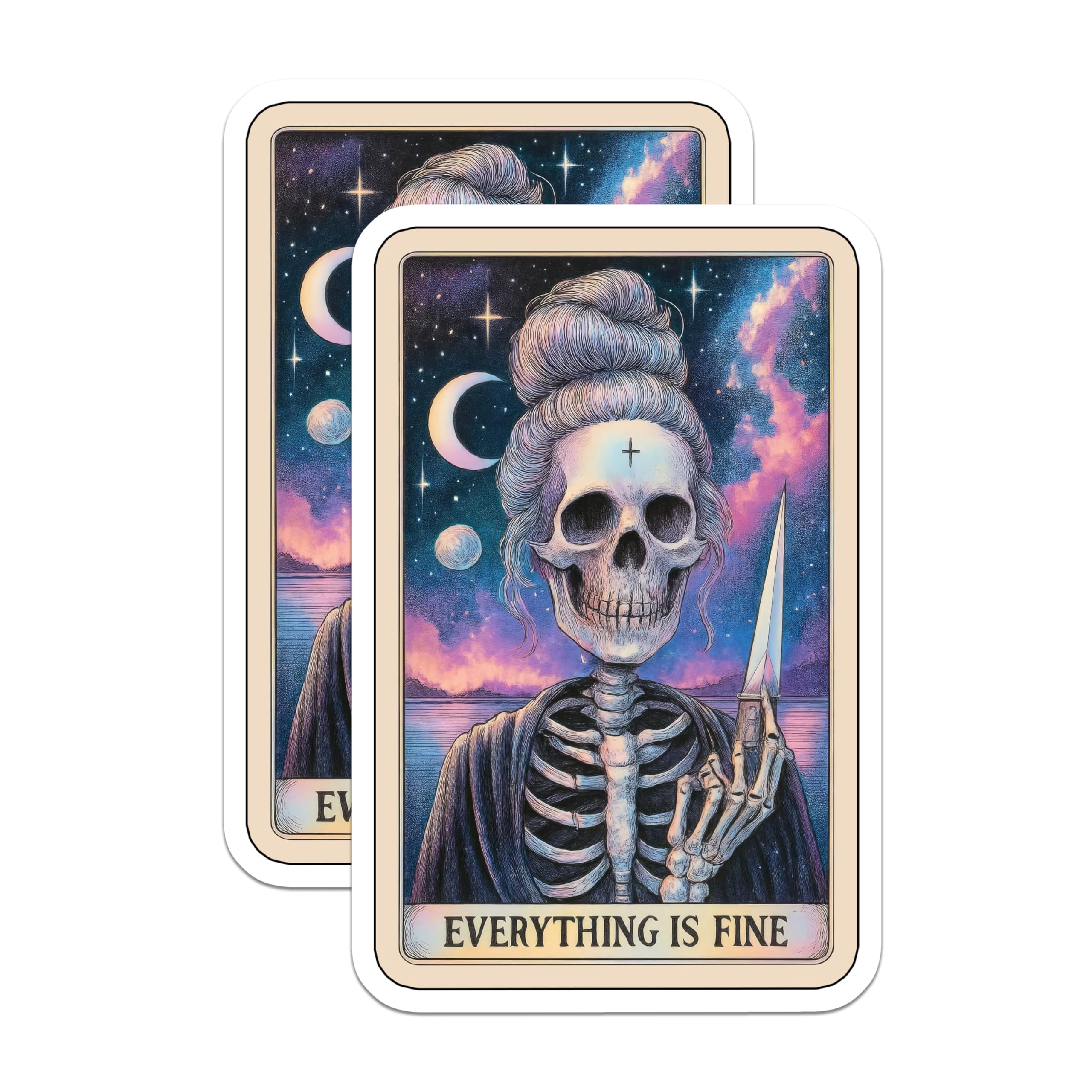 (2 Pack) Everything is Fine Skeleton Magnets - Messy Bun Skull Art - Dark Humor Tarot Decor - 5 Inches On Longest Side - Thick Durable Magnet - Made in USA - MAG21550