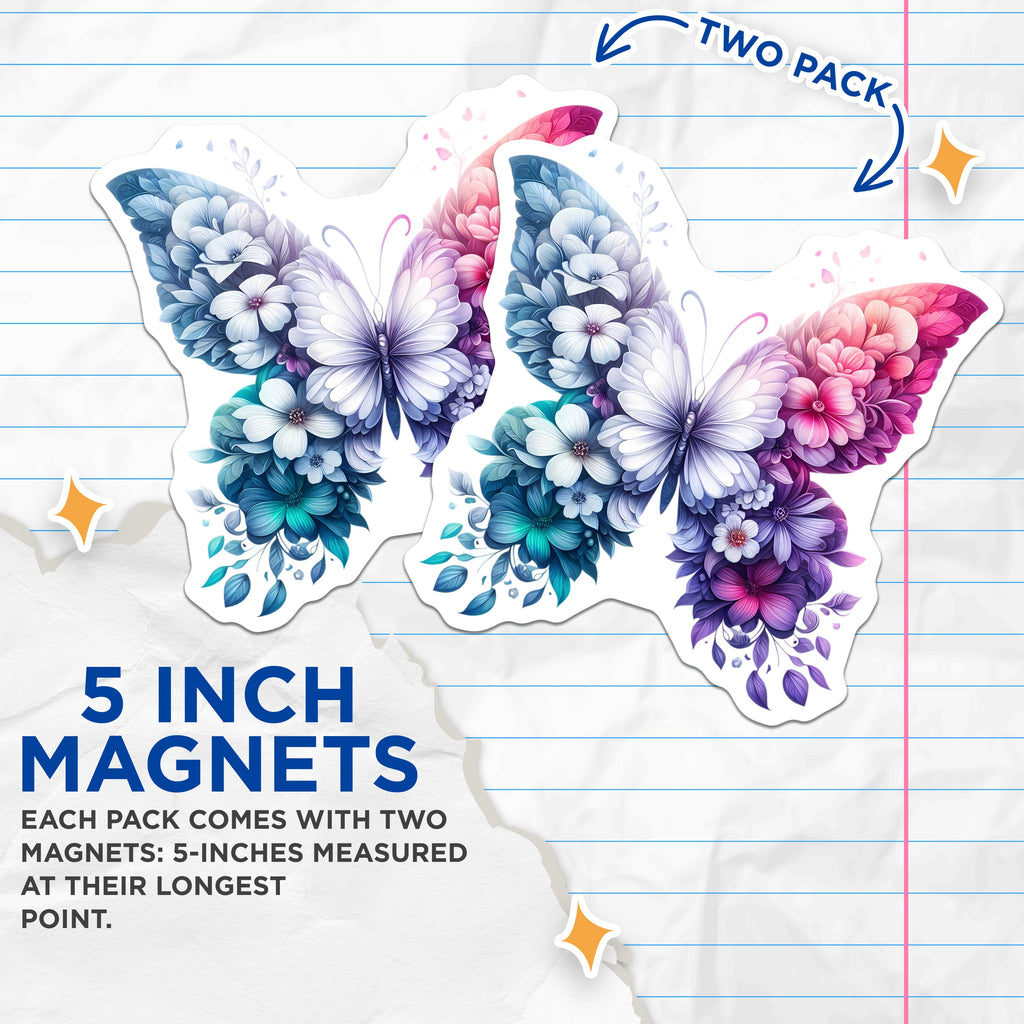 (2 Pack) Floral Butterfly Magnets - Whimsical Nature Art - Ethereal Spring Decor - Refrigerator Whiteboard Accent - 5 Inches On Longest Side - Thick Durable Magnet - Made in USA - MAG36800