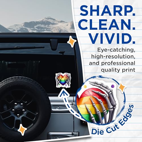 (2 Pack) Rainbow Heart Stickers - Skeleton Hands Sticker - Colorful Heart Pride Decal - 5" On Longest Side - Sticks to Smooth Flat Surfaces - Made in USA - BMCS7272