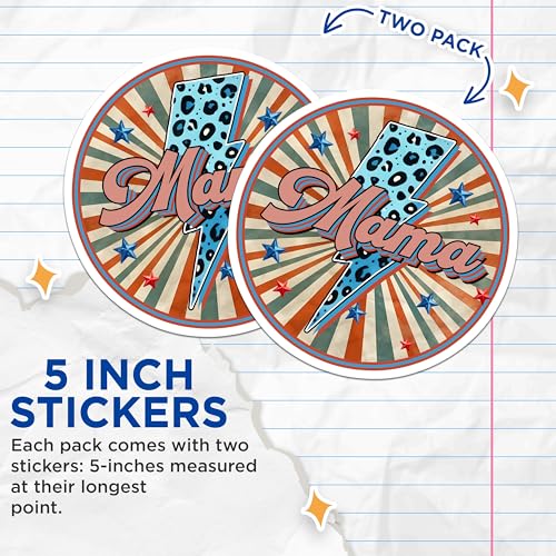 (2 Pack) Mama Lightning Bolt Stickers - Retro Mama - Leopard Pattern Mama Decal - 5" On Longest Side - Sticks to Smooth Flat Surfaces - Made in USA - BMCS7452