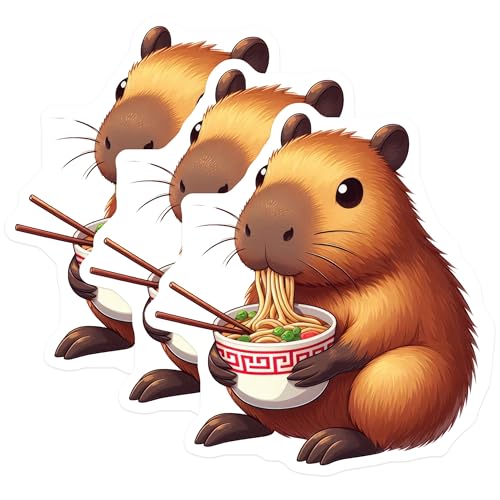 (3 Pack) Capybara Decals - Eating Ramen Decal - Cute Animal Decal - 3 Inches On Longest Side - Easy Peel & Apply - Made in USA - 3MCS8673