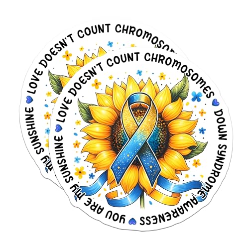 (2 Pack) Love Doesn't Count Chromosomes Magnets - Down Syndrome Awareness - Inspirational Sunflower Design - 5" On Longest Side - for Cars, Fridges, Toolboxes - Made in USA - MAG8213